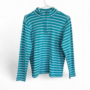 LL Bean Pullover Sweater 100% Cotton Blue & White Striped Quarter 1/4 Zip Large